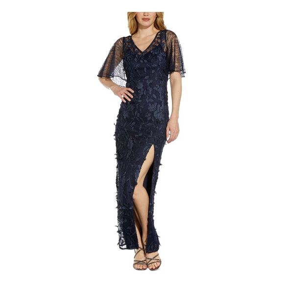 ADRIANNA PAPELL Dresses & Skirts - ADRIANNA PAPELL Womens Navy Side Slit  Lined Flutter Sleeve Maxi Formal Dress 14